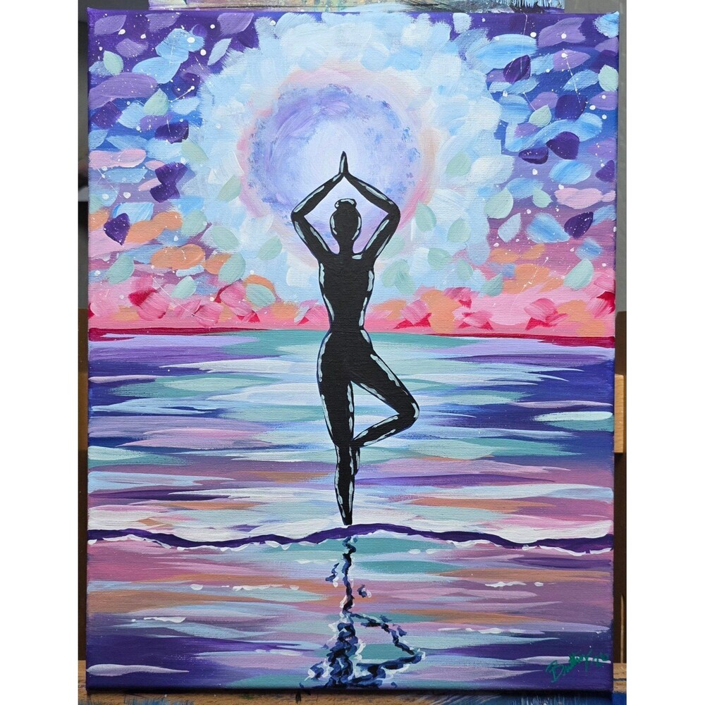 Zen Yoga Pose Silhouette in the Moonlight Water - 11x14 Acrylic Painting